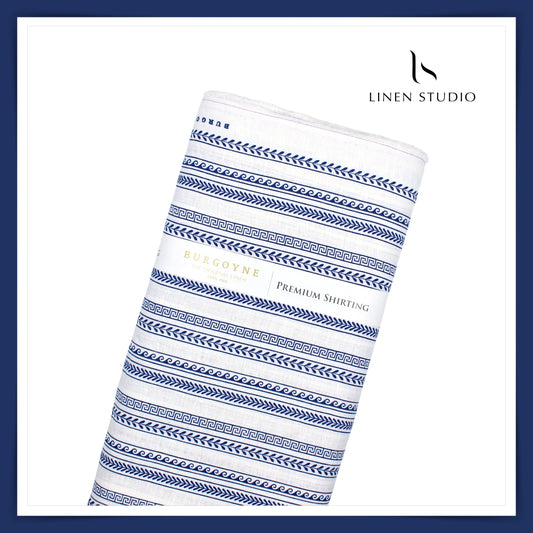 60 Lea Printed Linen Shirting by Burgoyne - Bright White & Blue Fancy Stripes (NEW)