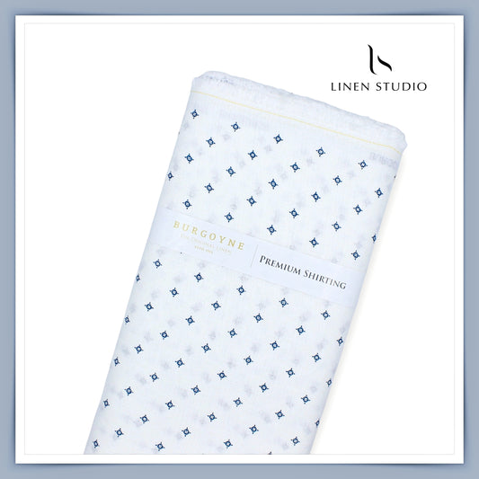 60 Lea Printed Linen Shirting by Burgoyne - Bright Textured White & Blue Print (NEW) (Zoom In)
