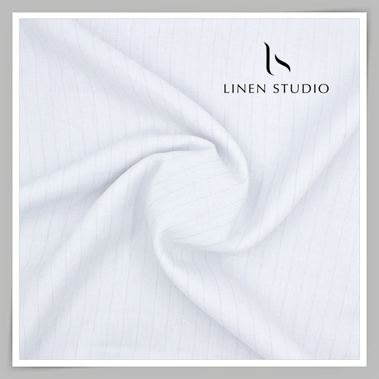 60 Lea Pure Linen Shirting by Burgoyne Ireland - Bright White with Silver Zari (Zoom In) (NEW)