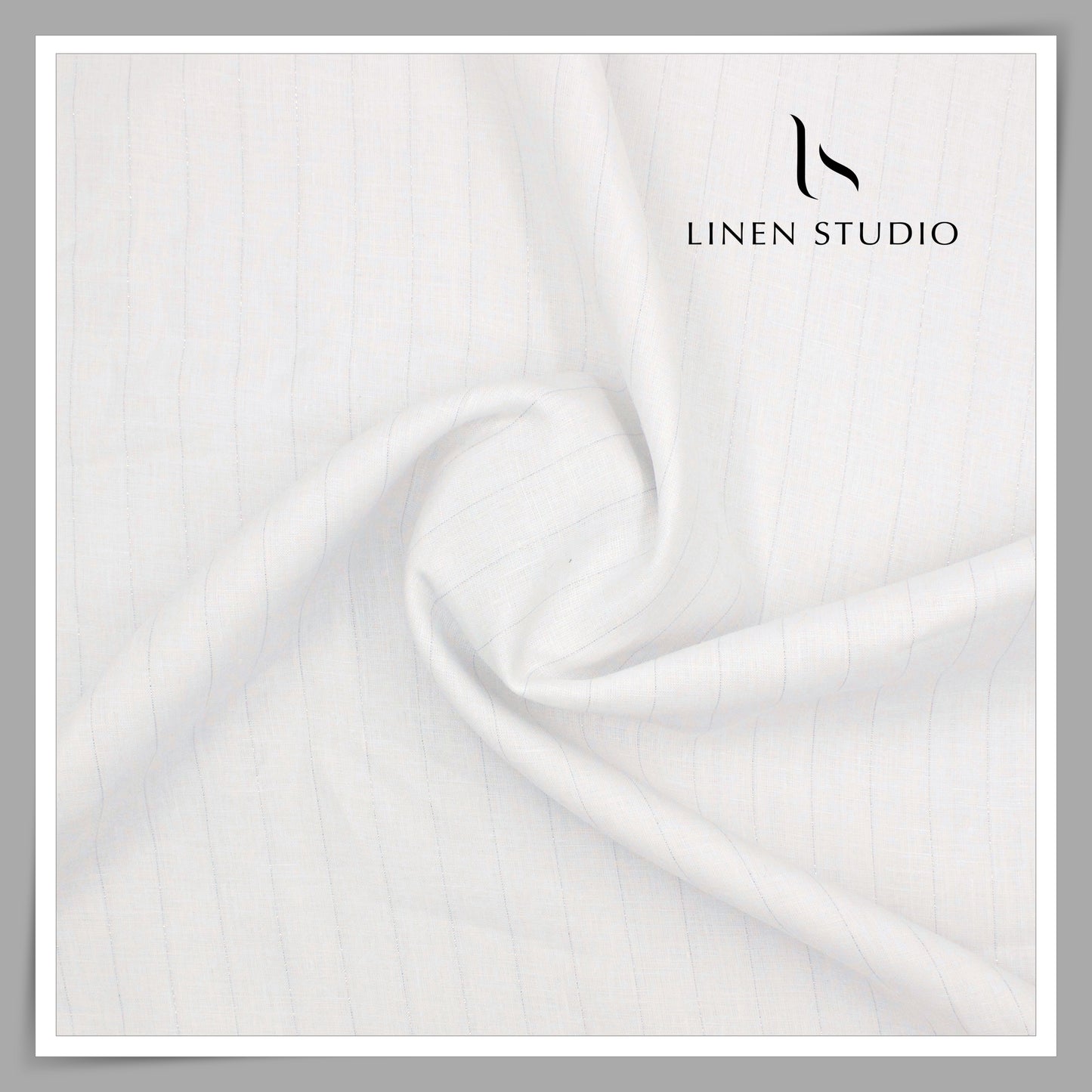 60 Lea Pure Linen Shirting by Burgoyne - Bright White with Broad Silver Zari (Zoom In) (NEW)