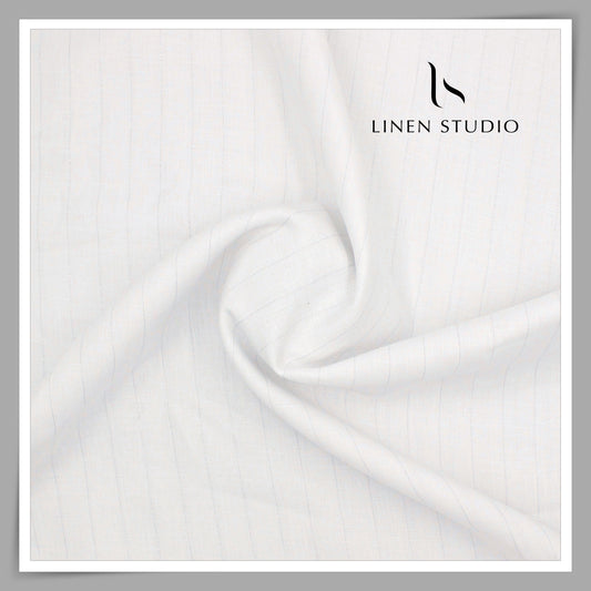 60 Lea Pure Linen Shirting by Burgoyne - Bright White with Broad Silver Zari (Zoom In) (NEW)