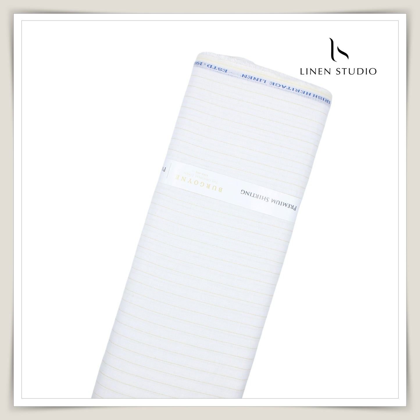 60 Lea Pure Linen Shirting by Burgoyne Ireland - Bright White with Golden Zari (Zoom In) (NEW)