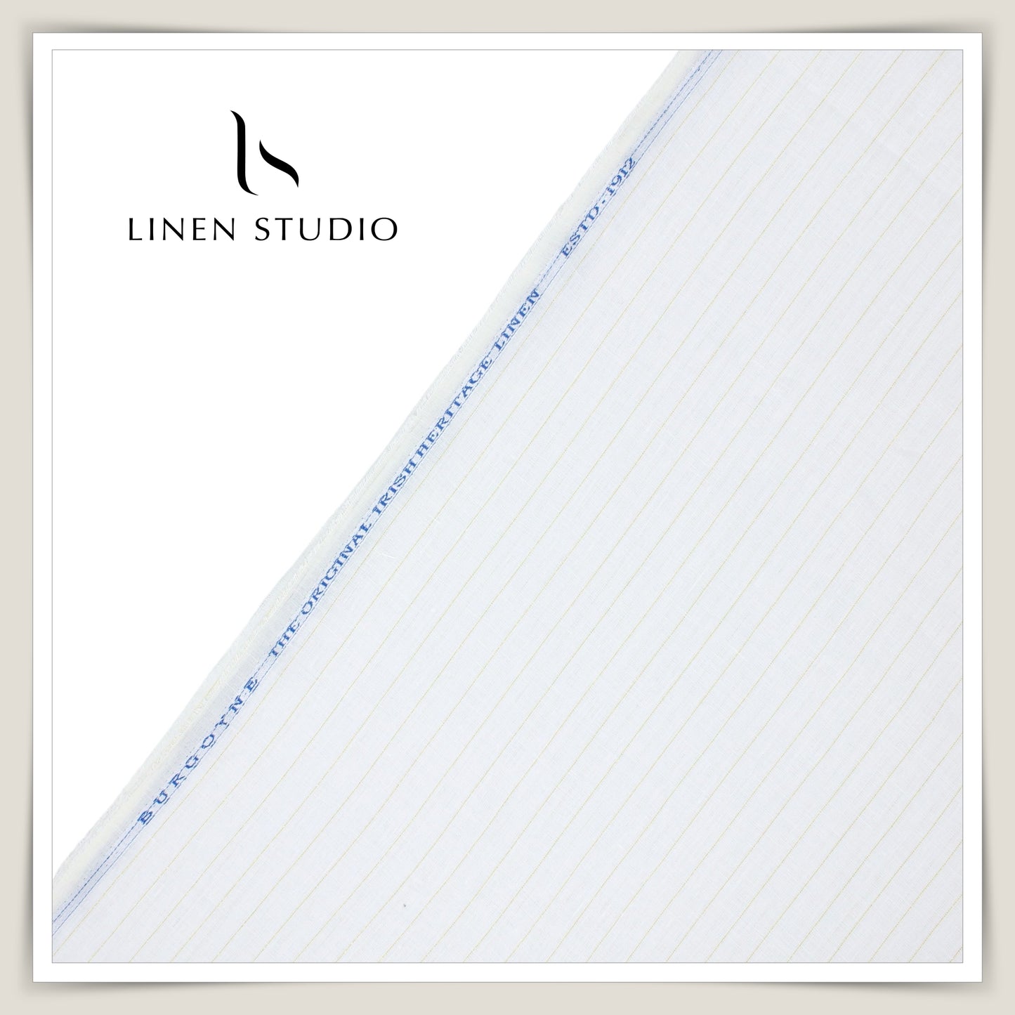 60 Lea Pure Linen Shirting by Burgoyne Ireland - Bright White with Golden Zari (Zoom In) (NEW)