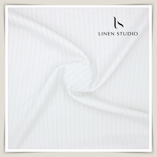 60 Lea Pure Linen Shirting by Burgoyne Ireland - Bright White with Golden Zari (Zoom In) (NEW)