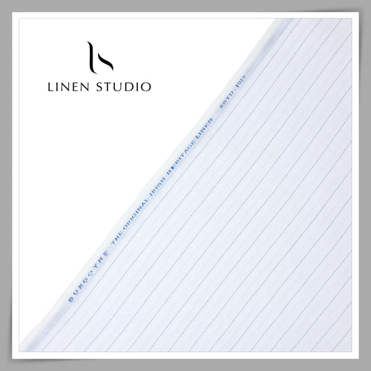 60 Lea Pure Linen Shirting by Burgoyne - White with Black Stripes & Silver Zari (Zoom In) (NEW)