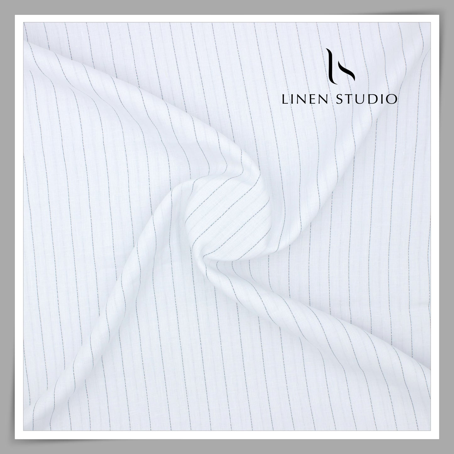 60 Lea Pure Linen Shirting by Burgoyne - White with Black Stripes & Silver Zari (Zoom In) (NEW)