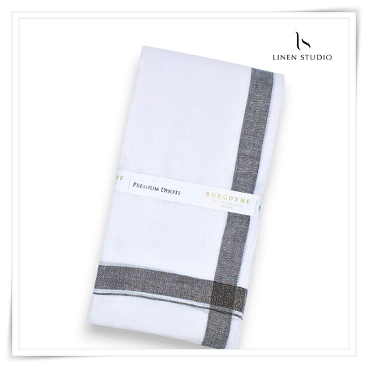 Elephant Grey Border with Golden Lurex - Premium 70 Lea Pure Linen Dhoti by Burgoyne (NEW)