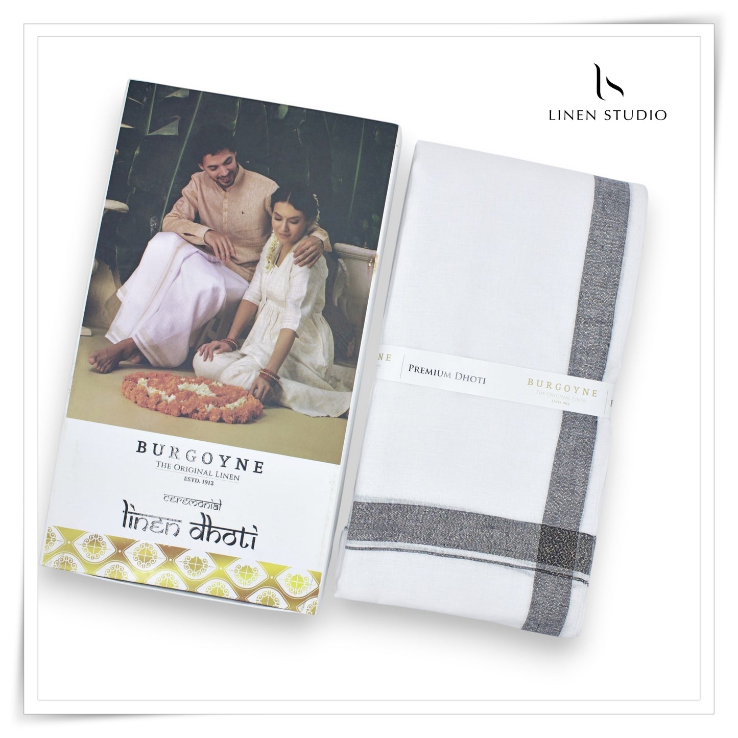Elephant Grey Border with Golden Lurex - Premium 70 Lea Pure Linen Dhoti by Burgoyne (NEW)