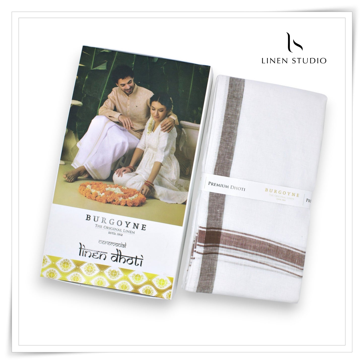 Brown / Maroon Border - Premium 70 Lea Pure Linen Dhoti by Burgoyne (NEW)