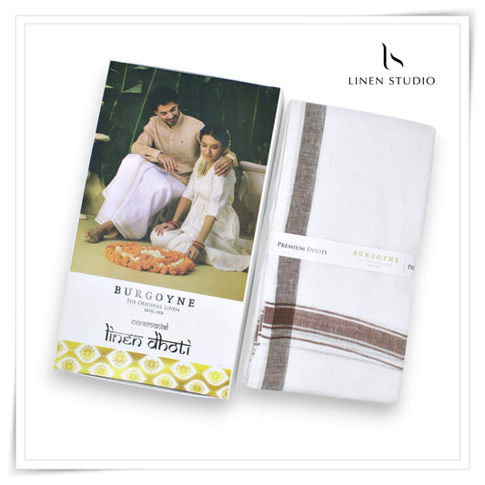 Brown / Maroon Border - Premium 70 Lea Pure Linen Dhoti by Burgoyne (NEW)