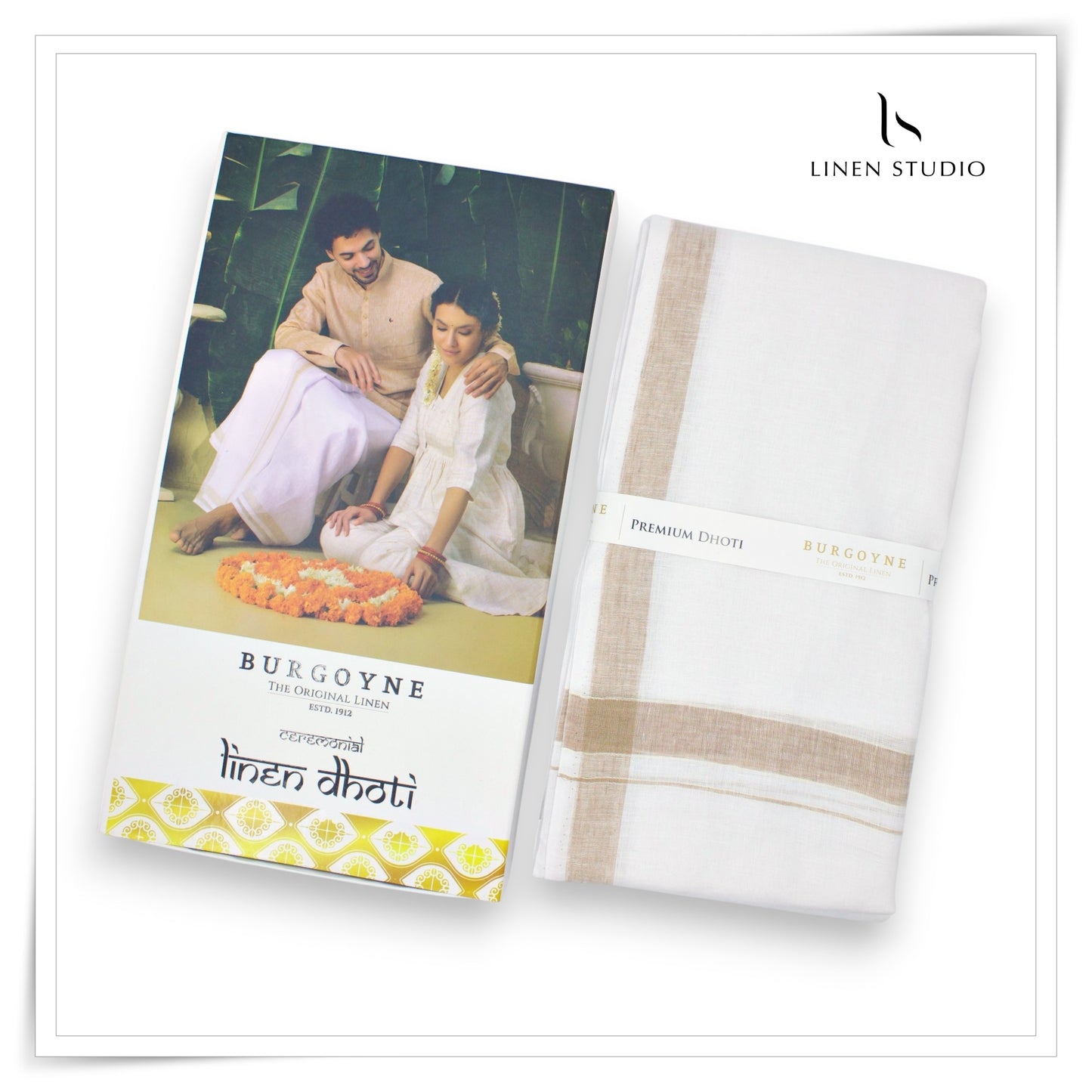 Pale Brown Border - Premium 70 Lea Pure Linen Dhoti by Burgoyne (NEW)