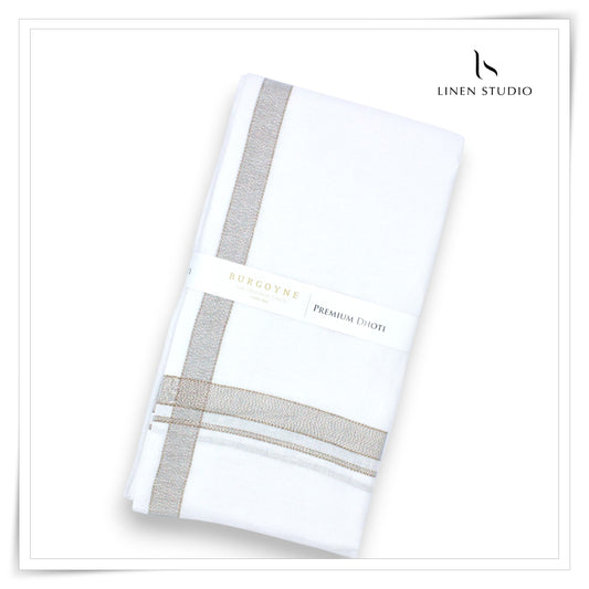 Brown Border with Silver/ Gold Lurex - Premium 70 Lea Pure Linen Dhoti by Burgoyne (NEW)