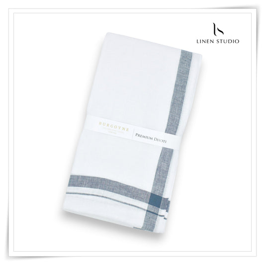 Light Mettalic Blue Border - Premium 70 Lea Pure Linen Dhoti by Burgoyne (NEW)