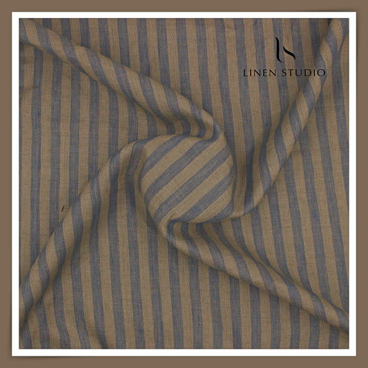 60 Lea Pure Linen Shirting by Burgoyne - Brown & Bluish Grey Stripes (NEW)