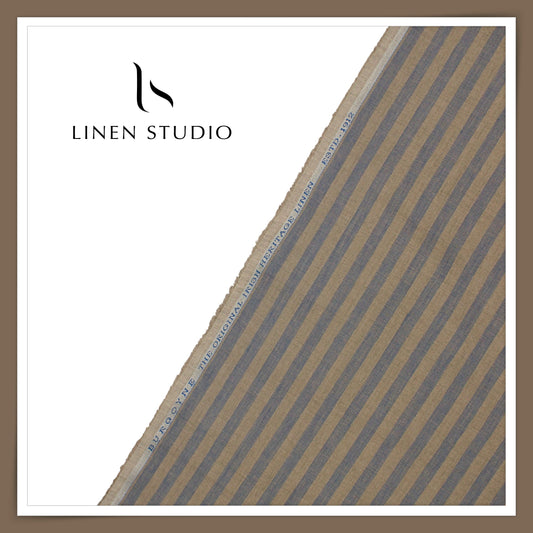 60 Lea Pure Linen Shirting by Burgoyne - Brown & Bluish Grey Stripes (NEW)