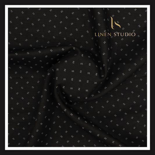 Burgoyne Pure Linen Print on 70 Lea Twill Shirting - Black Star