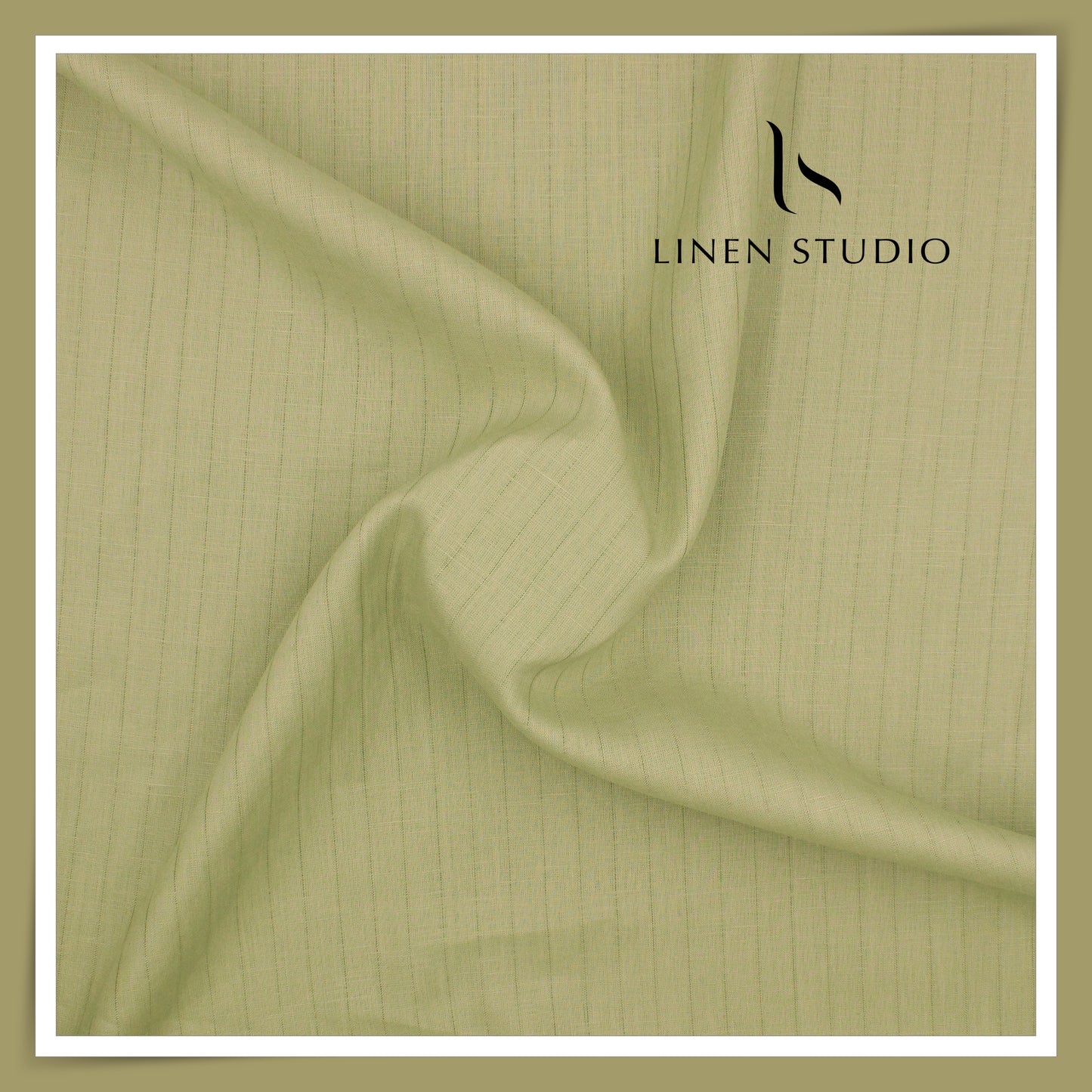 70 Lea Self Striped Pure Linen Shirting by Burgoyne - Iguana Green (NEW)