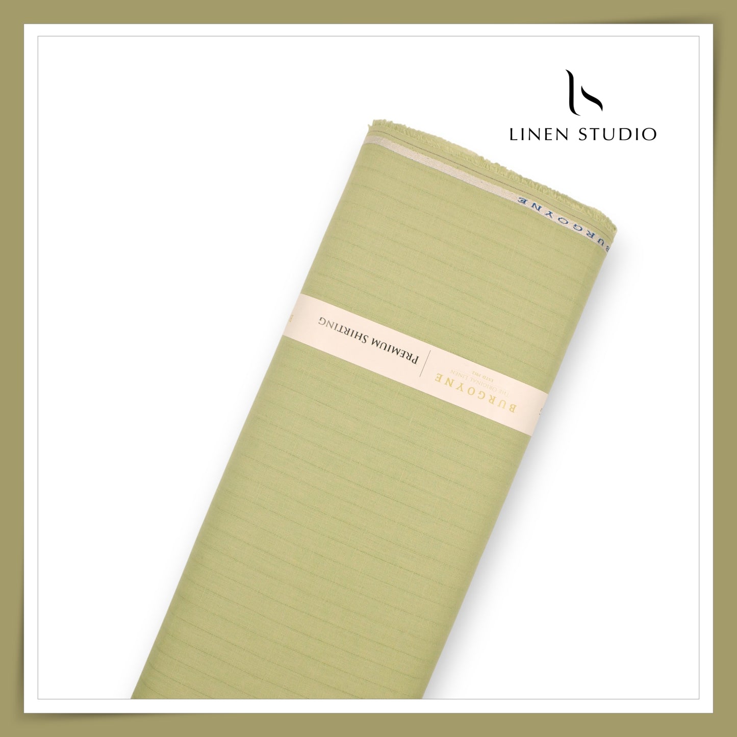 70 Lea Self Striped Pure Linen Shirting by Burgoyne - Iguana Green (NEW)