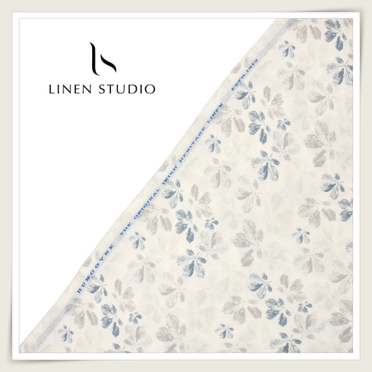 60 Lea Printed with Jacquard Design Pure Linen Shirting by Burgoyne - Off White with Leaf Print (NEW) (Zoom In)