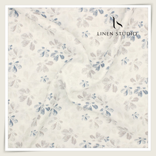 60 Lea Printed with Jacquard Design Pure Linen Shirting by Burgoyne - Off White with Leaf Print (NEW) (Zoom In)
