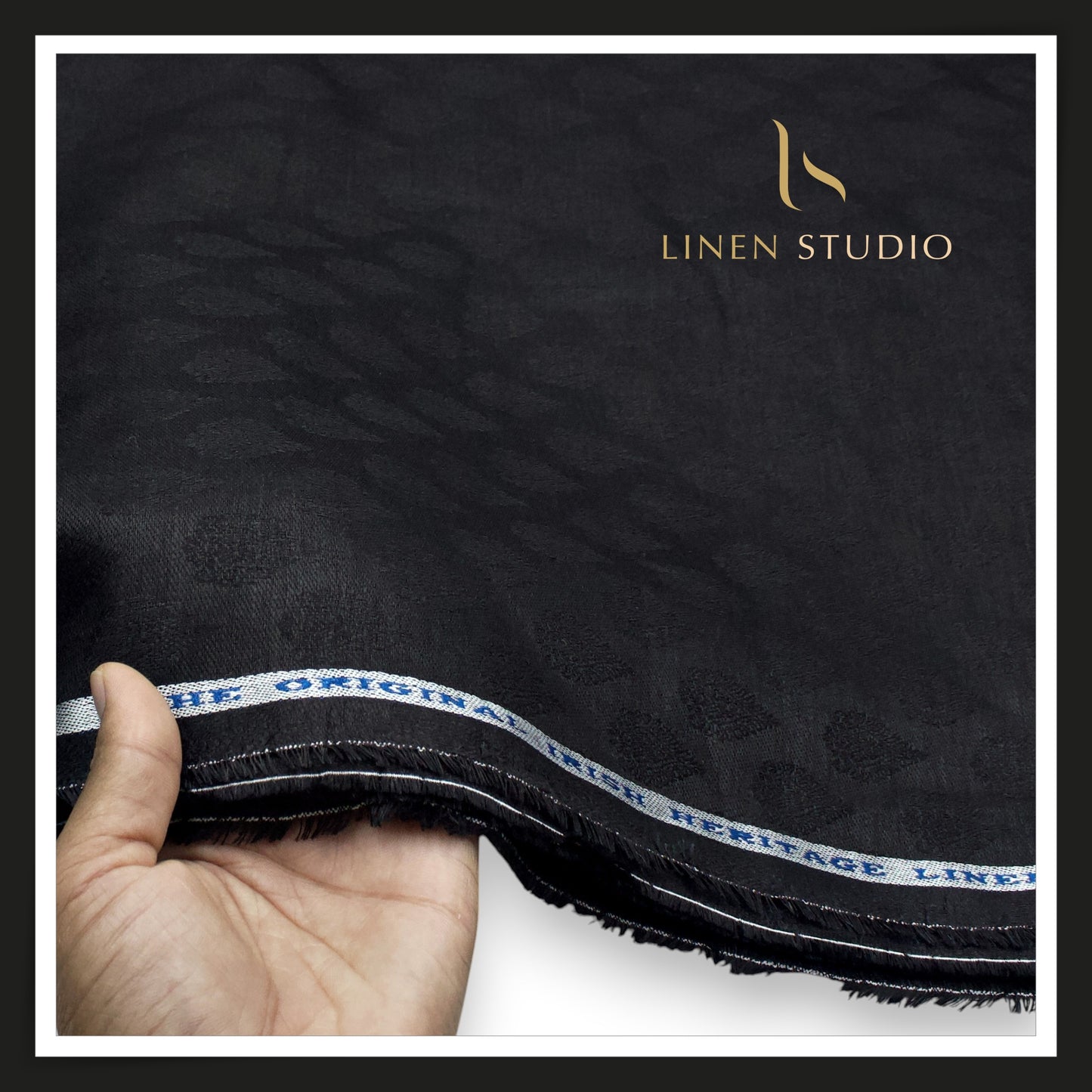 60 Lea Pure Linen Jacquard Shirting by Burgoyne Ireland - Black Butta (NEW) (Zoom In)