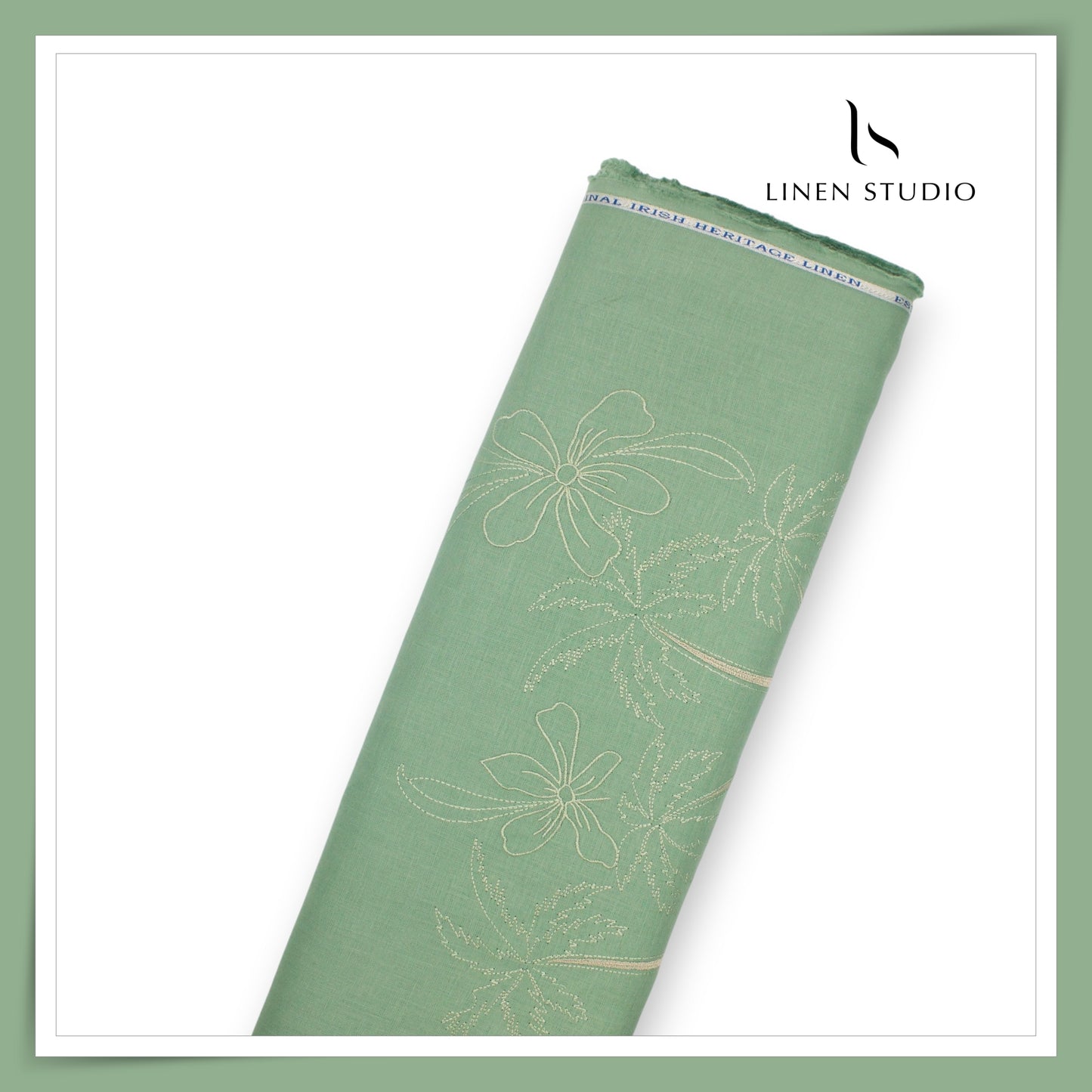 70 Lea Premium Linen Surface Embroidery Shirting by Burgoyne Ireland - Sage (NEW)