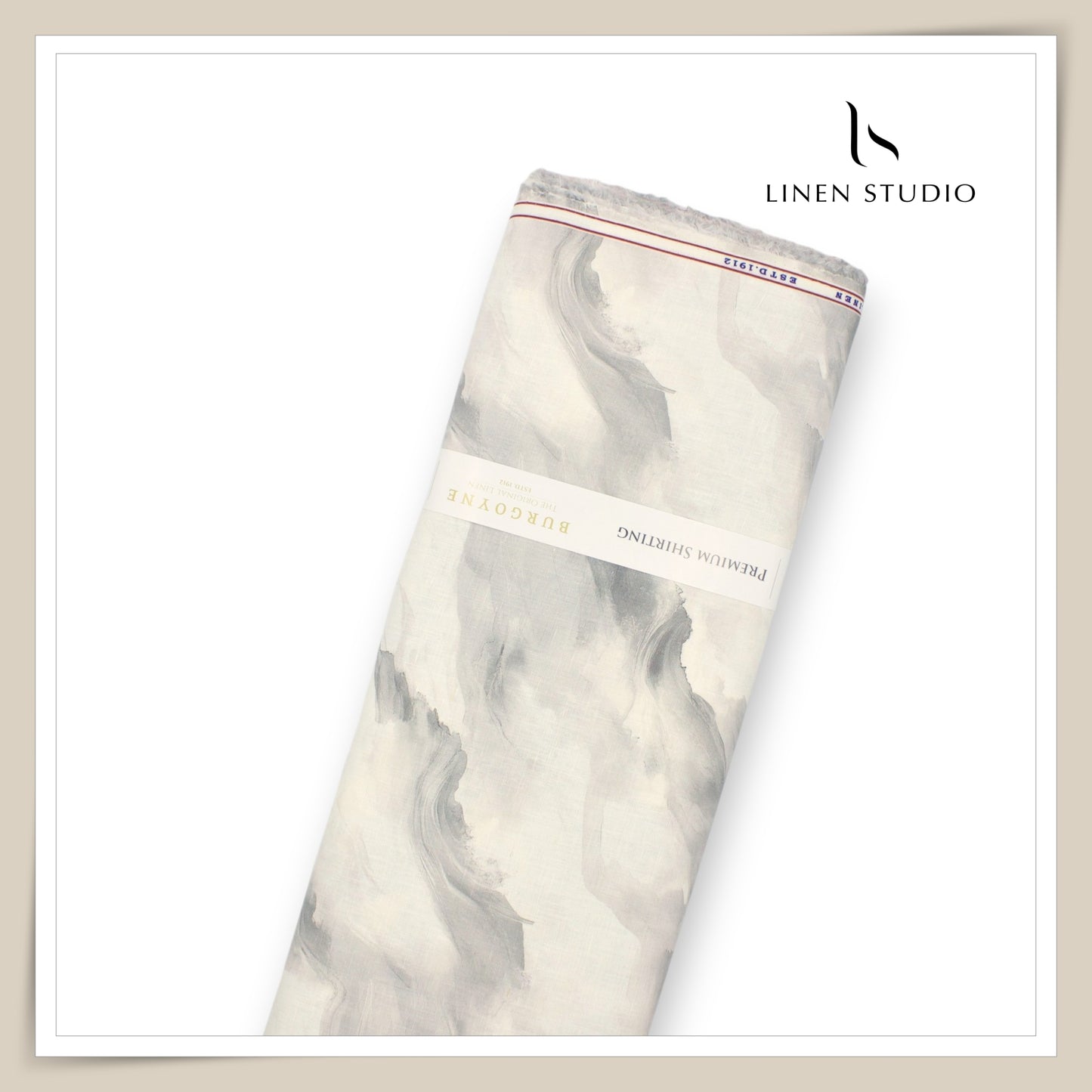 60 Lea Pure Linen Printed Shirting by Burgoyne Ireland - Cream & Grey Clouds (NEW)