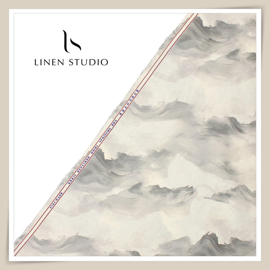60 Lea Pure Linen Printed Shirting by Burgoyne Ireland - Cream & Grey Clouds (NEW)