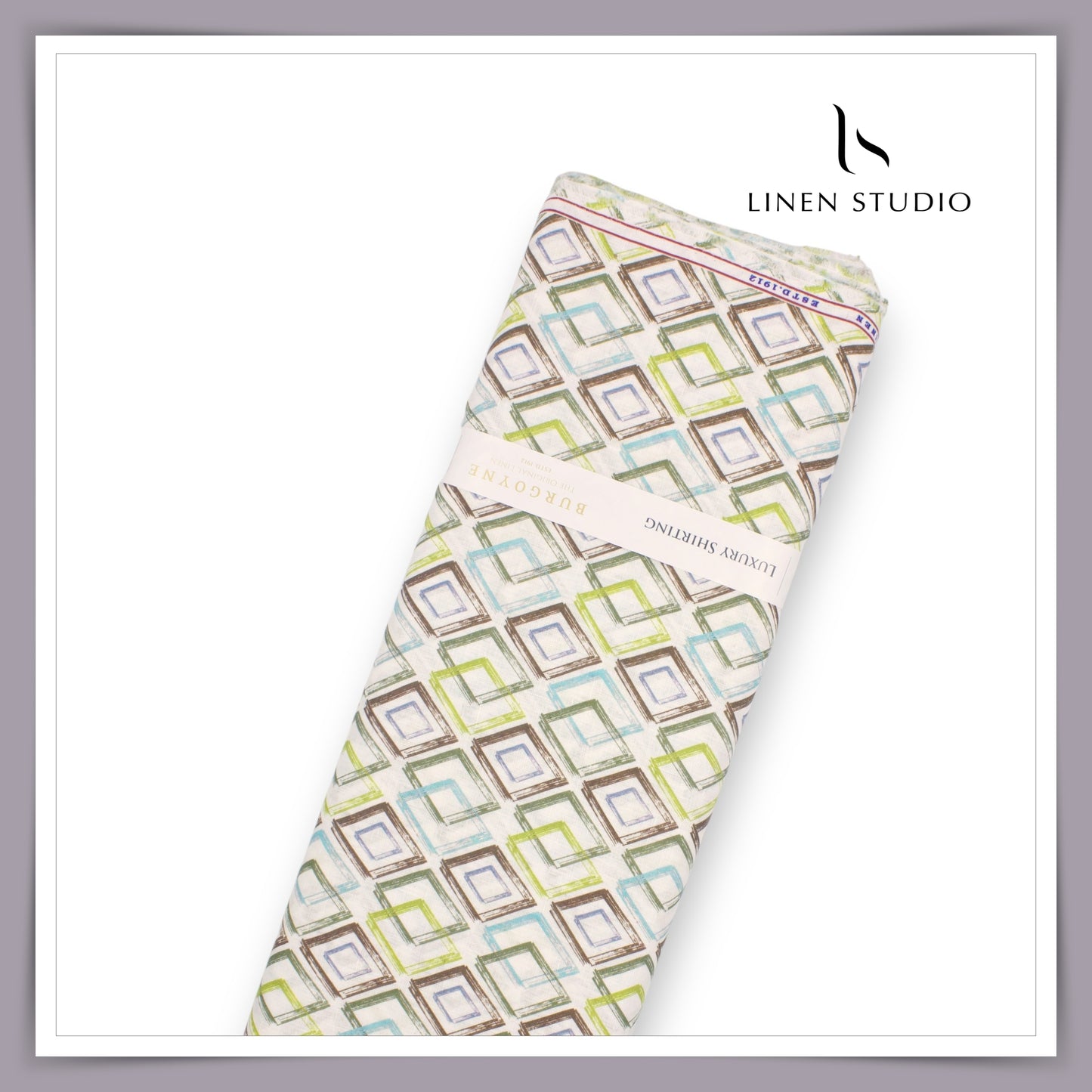 Burgoyne 60 Lea Premium Linen Printed Shirting -  Multicolour Rectangles (NEW)