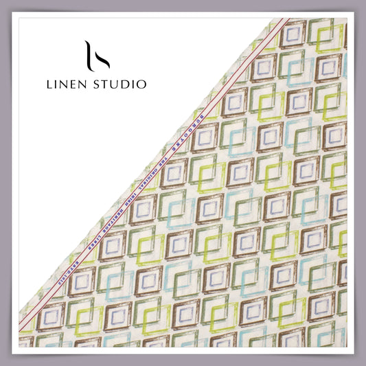 Burgoyne 60 Lea Premium Linen Printed Shirting -  Multicolour Rectangles (NEW)