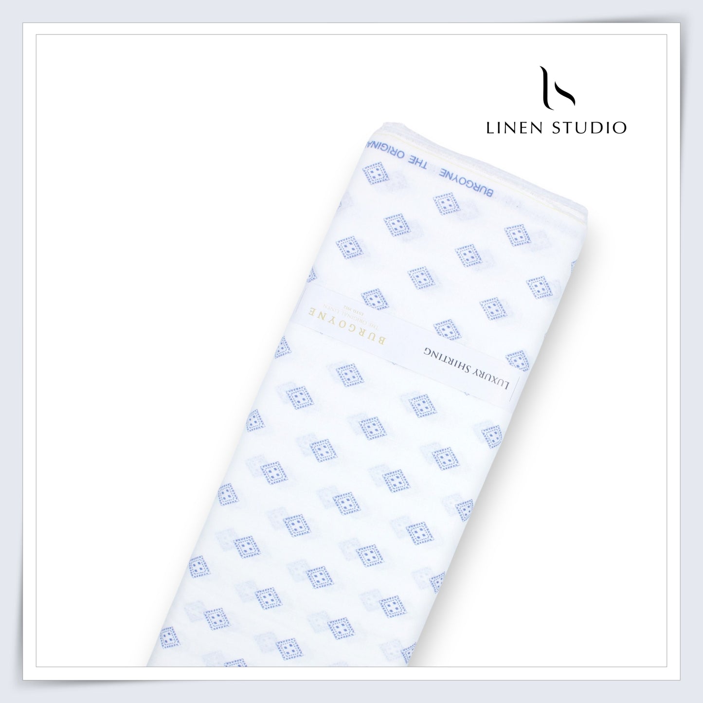 60 Lea Printed Linen Shirting by Burgoyne - White & Blue Diamond (NEW)