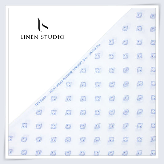 60 Lea Printed Linen Shirting by Burgoyne - White & Blue Diamond (NEW)
