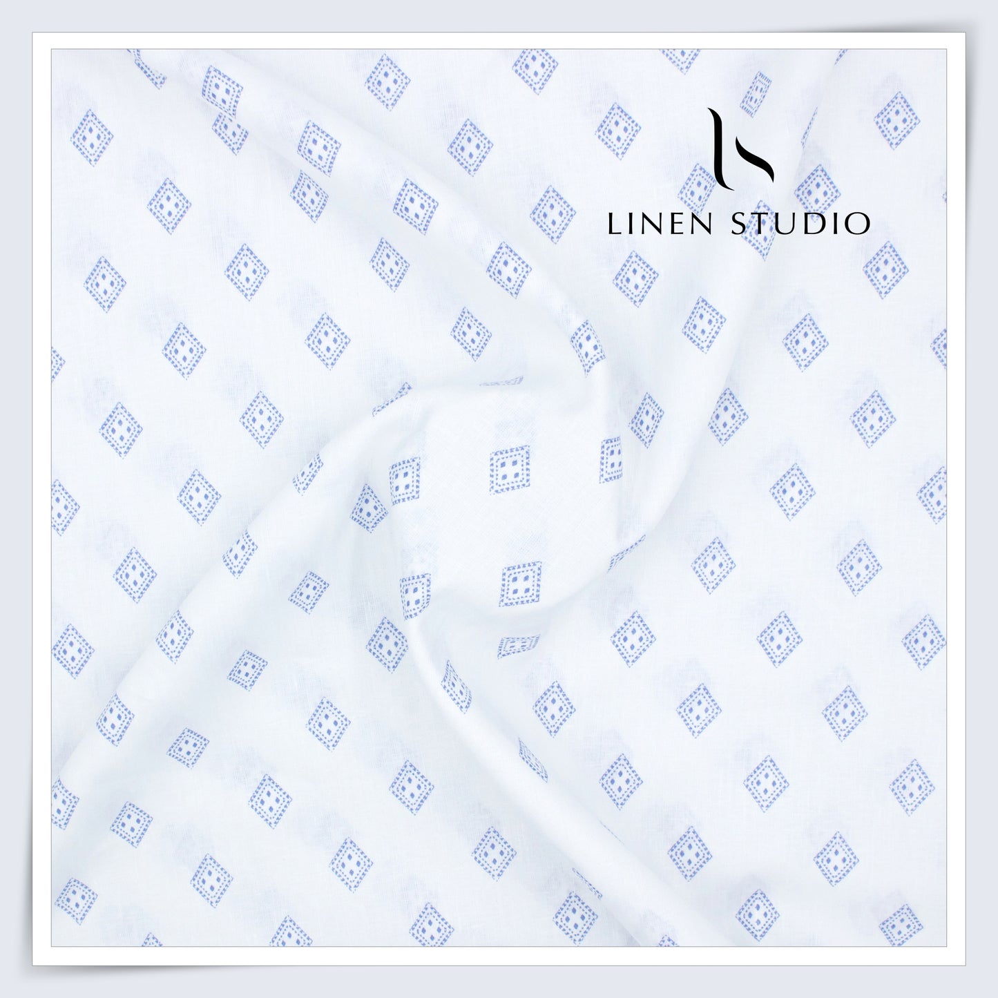 60 Lea Printed Linen Shirting by Burgoyne - White & Blue Diamond (NEW)