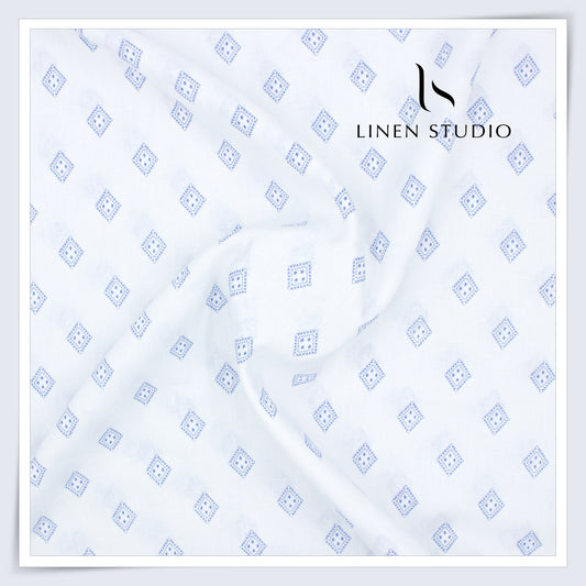 60 Lea Printed Linen Shirting by Burgoyne - White & Blue Diamond (NEW)