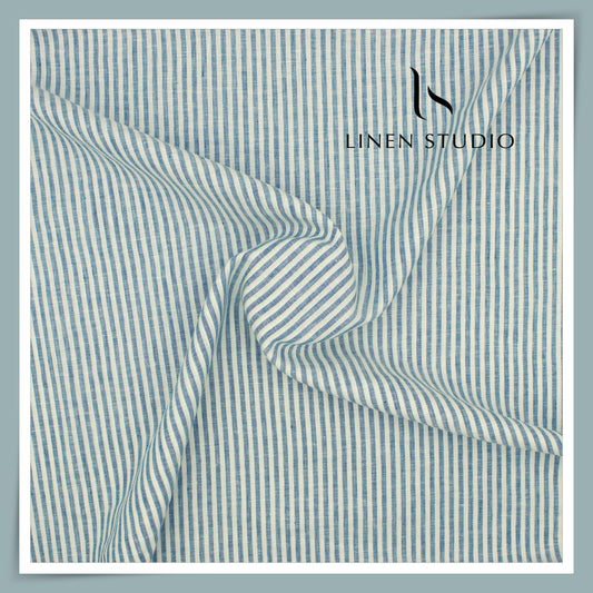 70 Lea Premium Pure Linen Shirting by Burgoyne Ireland - Soft Blue Stripes (NEW)