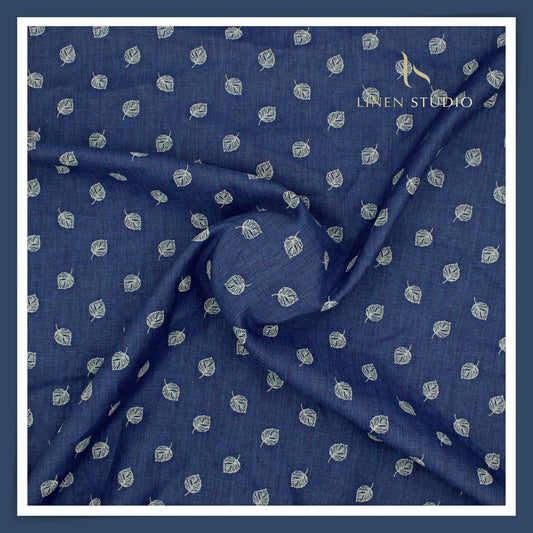 Burgoyne 70 Lea Premium Linen Printed Shirting - Rhino Blue Leaf (NEW)