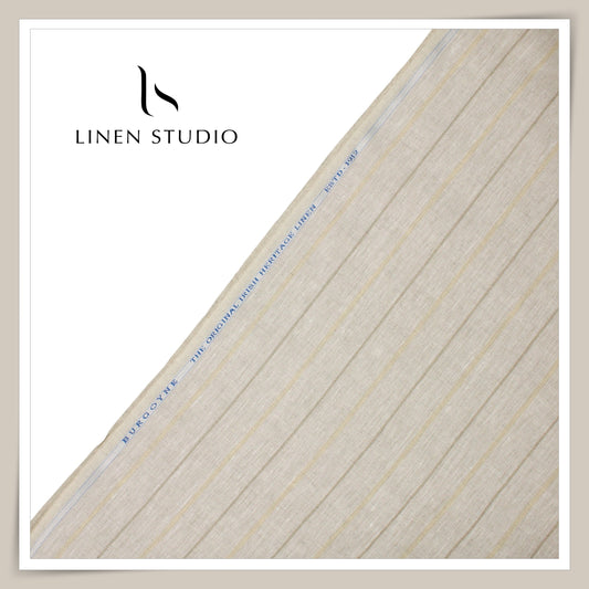 60 Lea Pure Linen Shirting by Burgoyne - Natural Light Brown Dual Stripes (NEW)