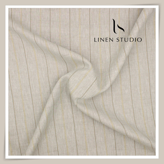 60 Lea Pure Linen Shirting by Burgoyne - Natural Light Brown Dual Stripes (NEW)