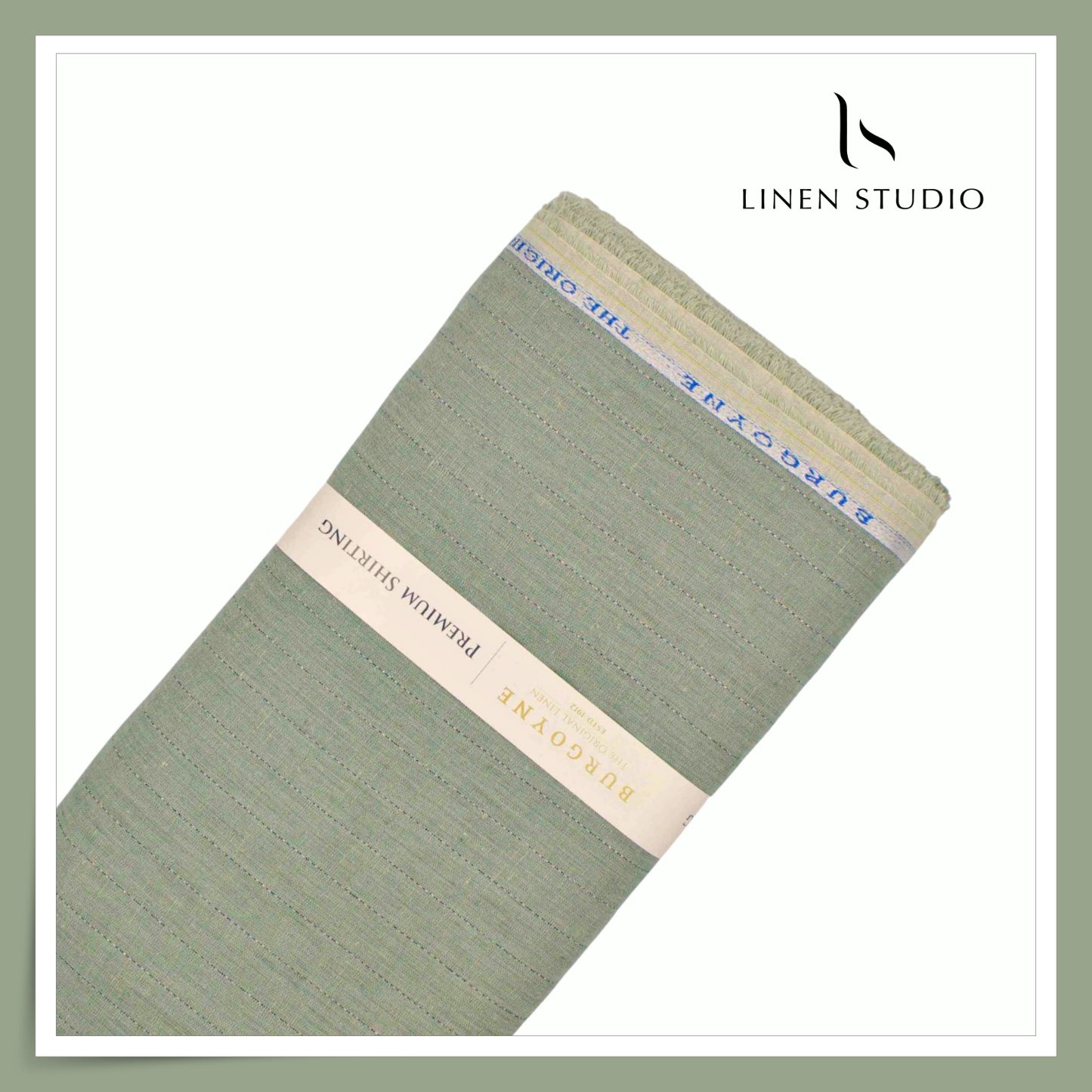 Burgoyne 60 Lea Pure Linen Shirting - Sage Green Silver Zari Stripes (NEW) (Zoom In)