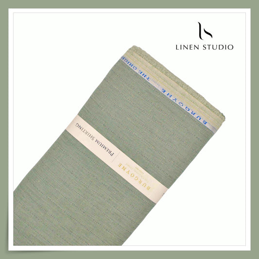 Burgoyne 60 Lea Pure Linen Shirting - Sage Green Silver Zari Stripes (NEW) (Zoom In)