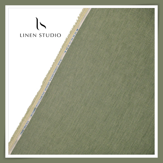 Burgoyne 60 Lea Pure Linen Shirting - Sage Green Black Stripes with Silver Zari (NEW) (Zoom In)