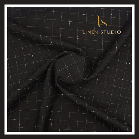 60 Lea Pure Linen Shirting by Burgoyne - Black with White Fancy Checks (NEW)