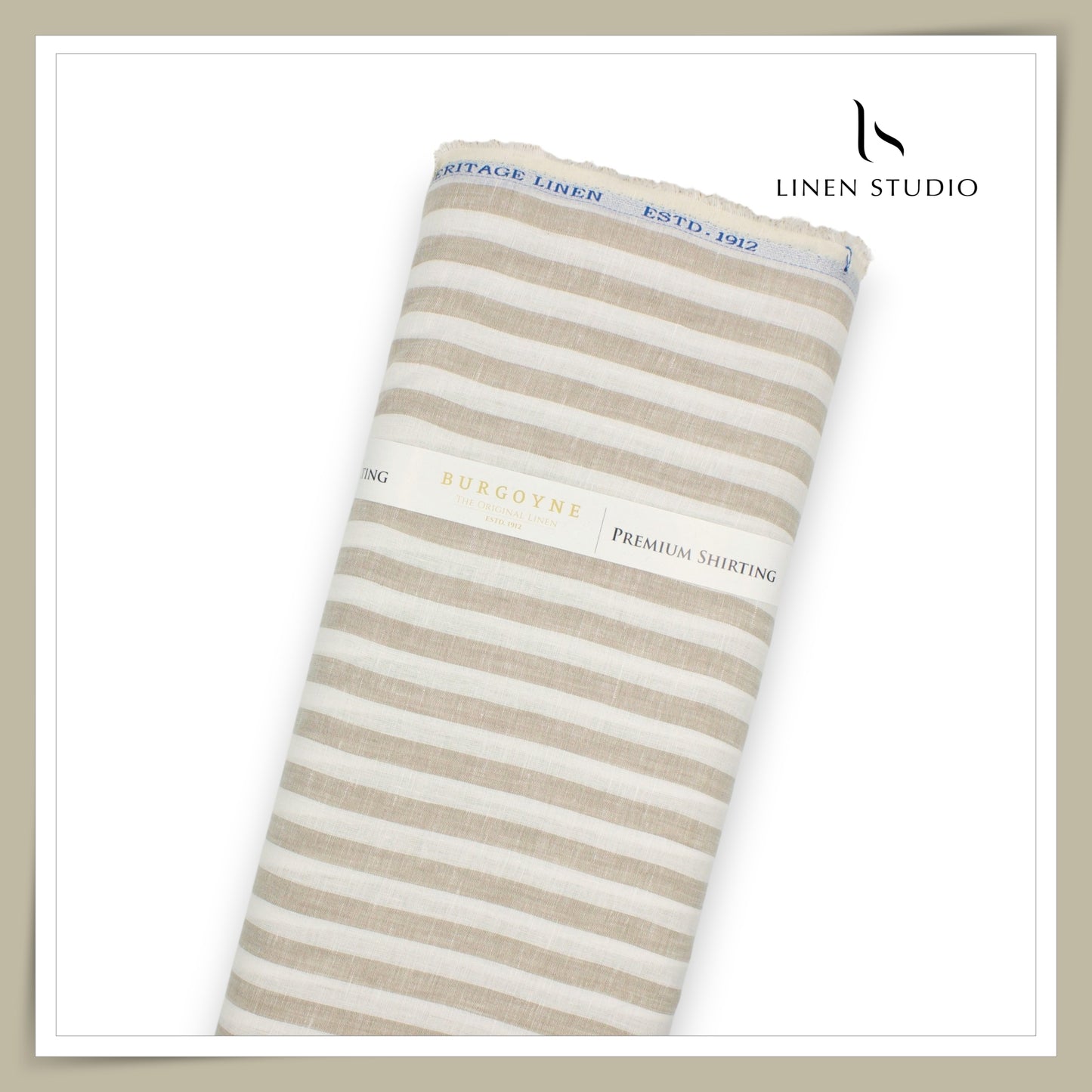 60 Lea Pure Linen Shirting by Burgoyne - White & Brown Classic Stripes (NEW)
