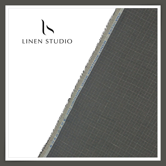 60 Lea Pure Linen Shirting by Burgoyne - Vampire Grey Classic White Checks (NEW)