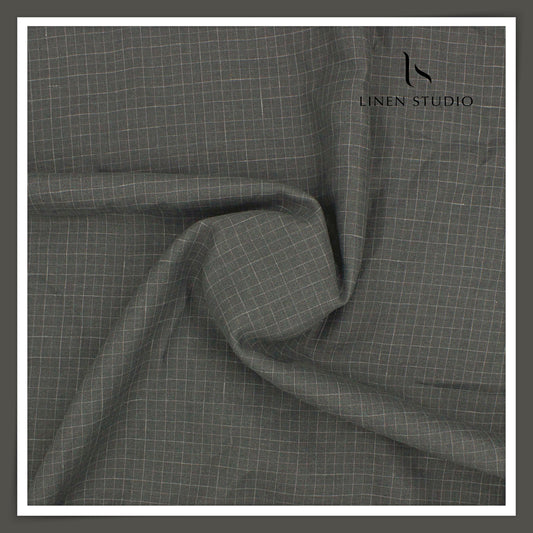 60 Lea Pure Linen Shirting by Burgoyne - Vampire Grey Classic White Checks (NEW)