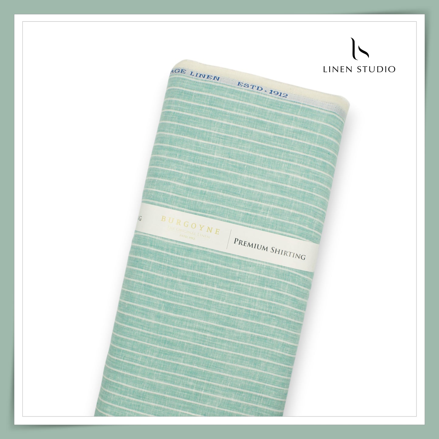 60 Lea Pure Linen Shirting by Burgoyne - Shadow Green with White Stripes (NEW)