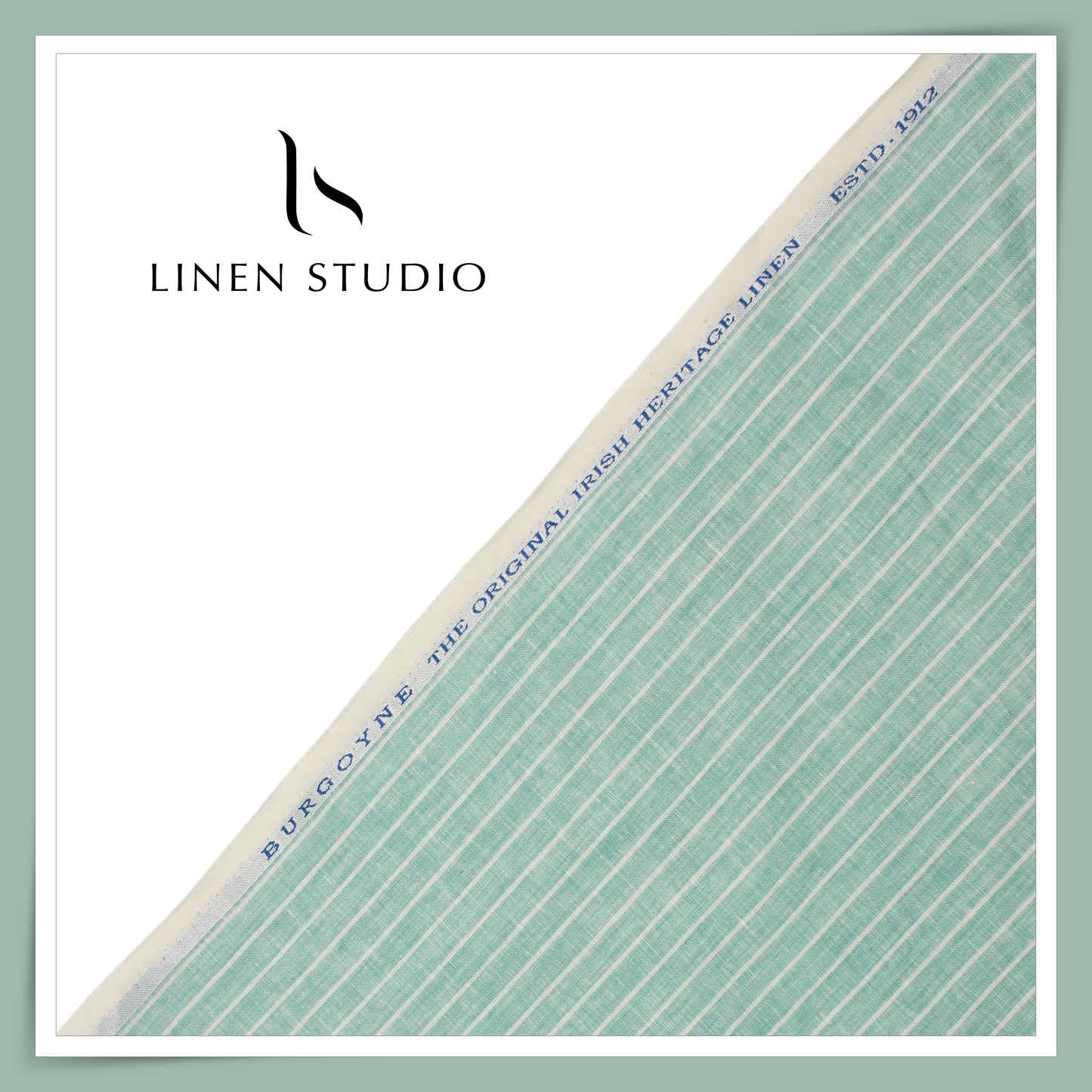60 Lea Pure Linen Shirting by Burgoyne - Shadow Green with White Stripes (NEW)