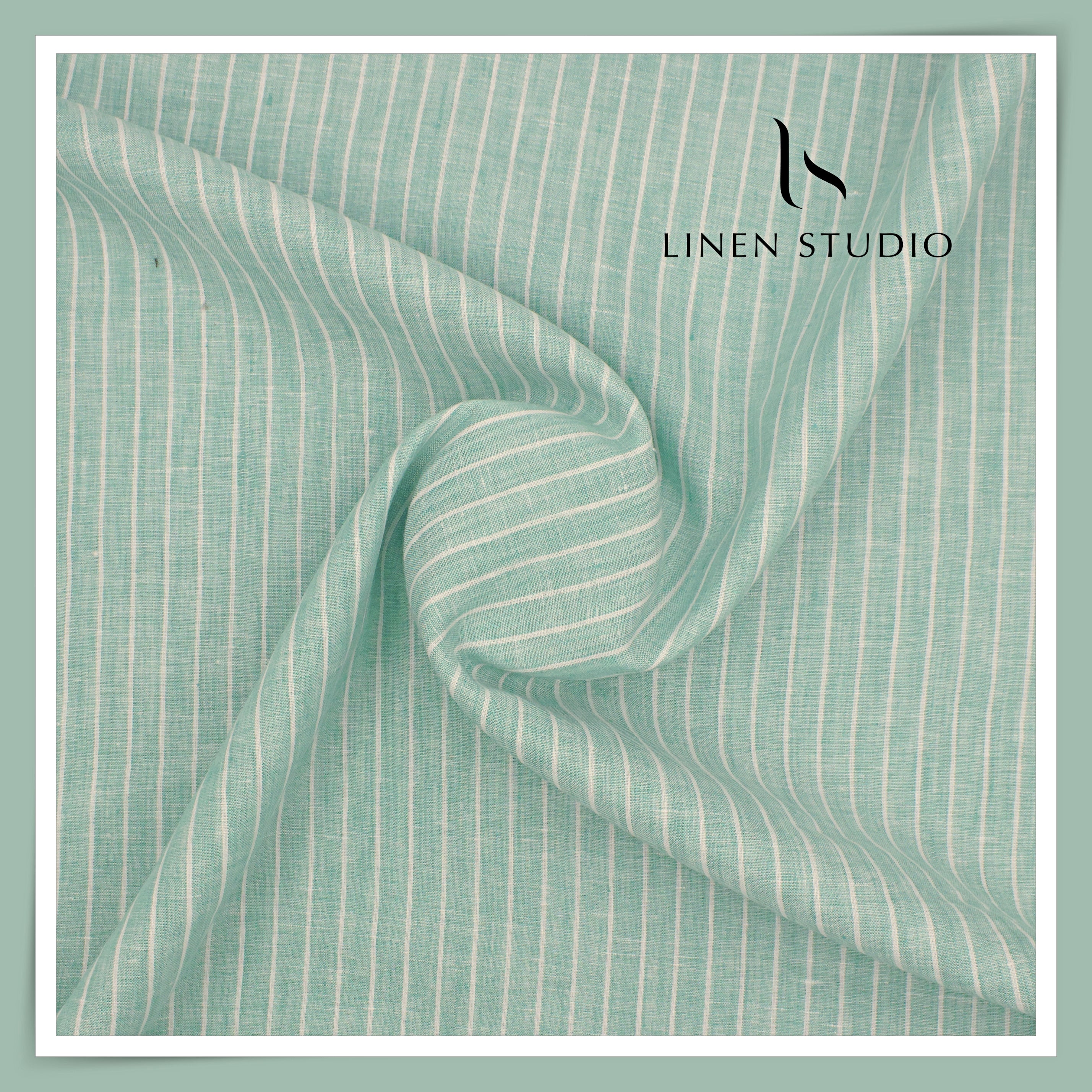 60 Lea Pure Linen Shirting by Burgoyne - Shadow Green with White Strip ...