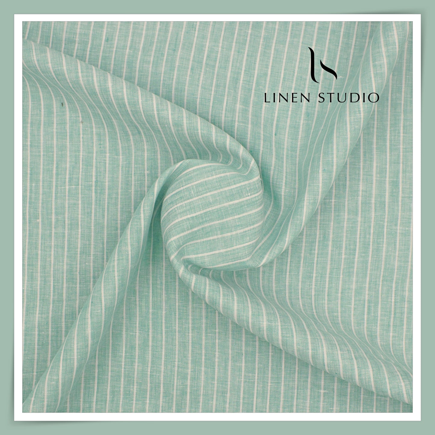 60 Lea Pure Linen Shirting by Burgoyne - Shadow Green with White Stripes (NEW)