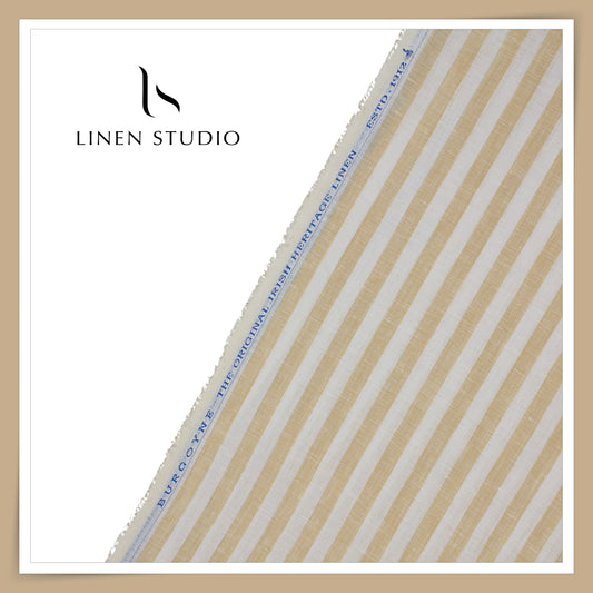 60 Lea Pure Linen Shirting by Burgoyne - White & Sorrell Brown Classic Stripes (NEW)